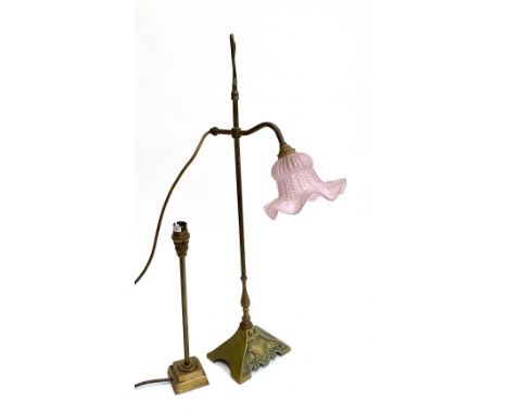 A brass art nouveau table lamp with pink glass shade, together with a small brass table lamp 