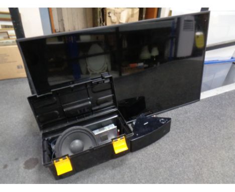 A Samsung 55" LCD TV with lead, no table stand, together with a plastic tool box containing Samsung speaker etc