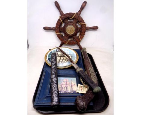 A tray containing miscellanea to include framed nautical prints, ships, wheel barometer, collectors plates, reproduction flin