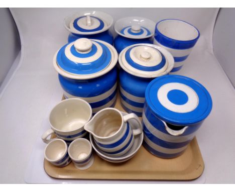 A tray containing eleven pieces of blue and white Cornish ware to include T G Green Chef ware etc