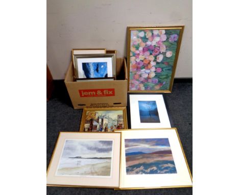 A box containing a large quantity of pictures and prints to include signed photographs, signed print of Dunstanburgh castle, 