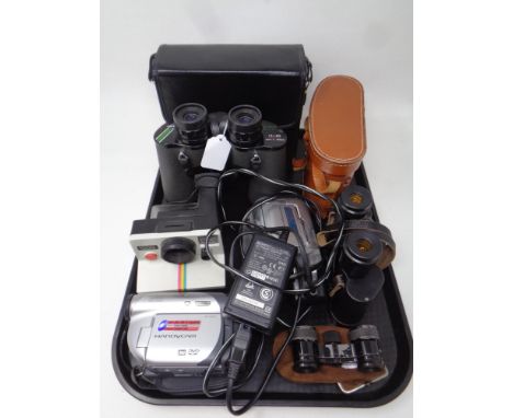 A tray of cased Russian and Swift field glasses, Clement Gilmer pocket field glasses, handycam, Polaroid camera 