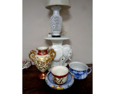 A quantity of ceramics to include a 19th century chamber pot, gilded vase on stand, Grimwades fruit patterned bowl, elephant 