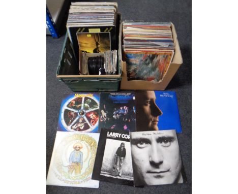 A crate and a box containing assorted vinyl LPs 7" singles to include Phil Collins, Talking Heads, Merillion, Crosby, Stills 