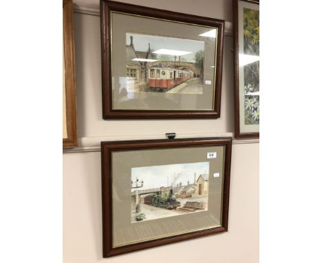 E Miller : Locomotive engine, watercolour, 29 cm x 18 cm, together with the companion piece, both parts framed.