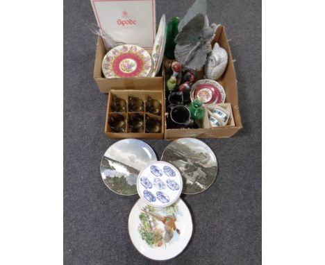 Two boxes containing assorted collectors plates to include Spode, Royal Worcester etc, a box set of 6sixFrench glass mugs, ga