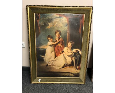 A colour print on canvas depicting children with hound, 60cm by 86cm 