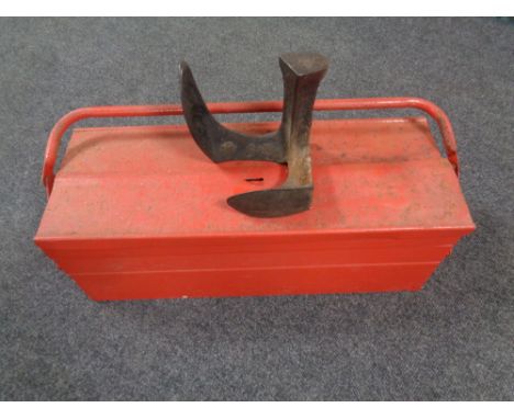 A metal concertina tool box together with a cast iron shoe last 