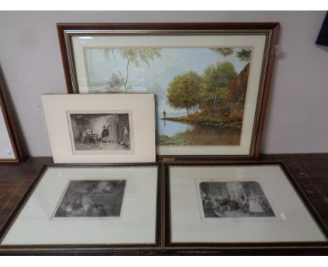 Two antiquarian black and white etchings in Hogarth frames and mounts, signed in pencil, together with a further unframed ant