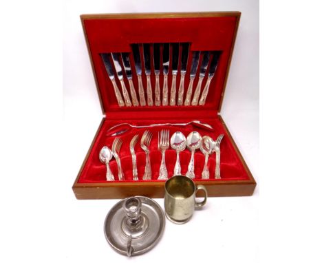 A canteen of New Ridge Kings Pattern stainless steel cutlery, a plated tankard and candlestick 