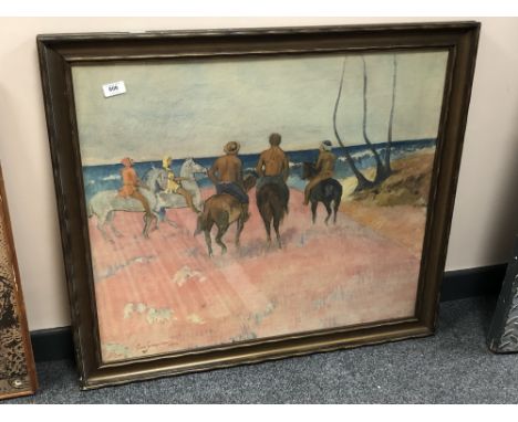 Continental school : colour print depicting figures on horseback, 73 cm x 63 cm.