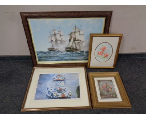 A Montague Dawson print depicting a sea battle together with a three further framed prints  