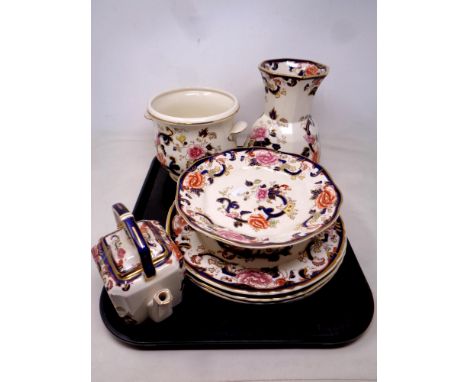 A tray containing eight pieces of Masons Mandalay china to include dinner plates, comports, kettle, planter and vase.