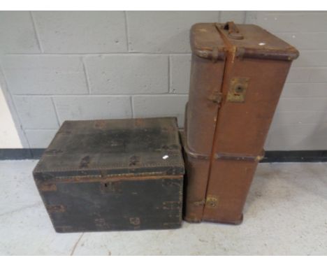 A 19th century pine chest upholstered in a buttoned leather together with a Bentwood travelling trunk.