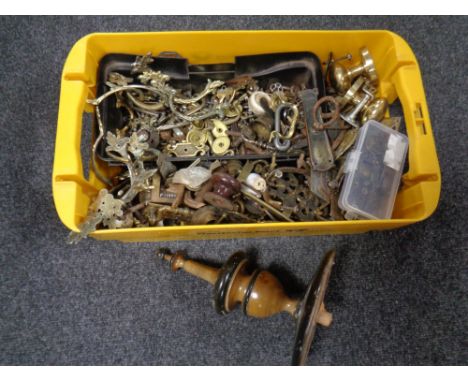 A box of antique and later wooden metal and ceramic cabinet furniture, large wooden finial etc 
