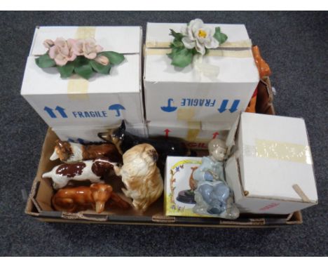 A box containing assorted ceramics to include five boxed Capodimonte flowers, dog ornaments to include Beswick (a/f) Sylvac, 