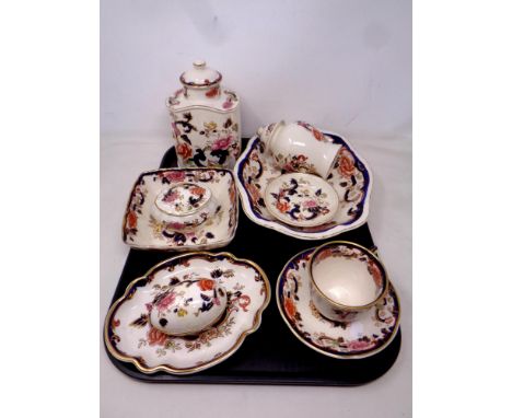 A tray containing ten pieces of Mason Mandalay china to include shallow dishes and bowls, trinket pots, teacup and saucers, l