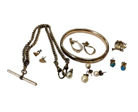 A collection of yellow metal and gold plated jewellery to include watch chain, bangle, earrings, 9ct backed earrings etc.