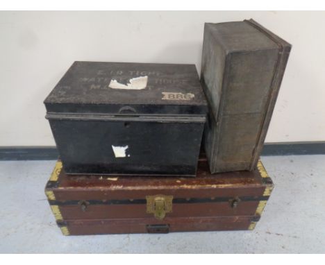 Two antique tin deed boxes together with a further antique wooden bound shipping trunk