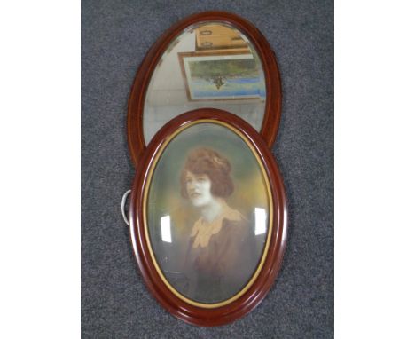 A 19th century oval inlaid mahogany framed bevel edged wall mirror together with a further 19th century colour portrait print