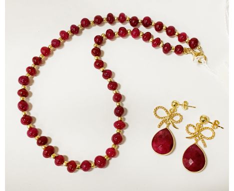 RAW RUBY NECKLACE &amp; EARRINGS SET GILT STERLING SILVER