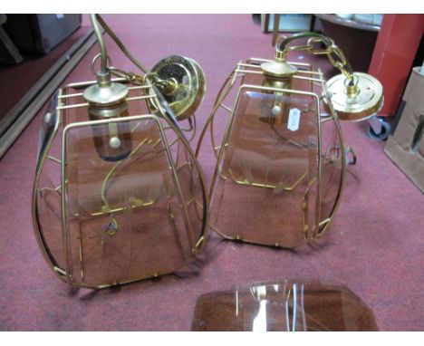 A Pair of Circa1970's Vintage Ceiling Lamps, with four etched peach glass side panels in brass frames to each lamp.