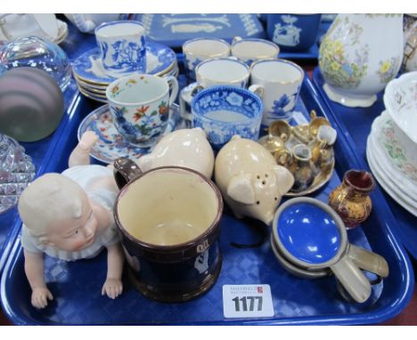 Burleigh Blue &amp; White Coffee Ware. XVIII Century English tea cup and saucer. Piano baby, ashtrays, etc:- One Tray.