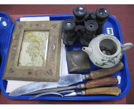 Oriental Matt Teapot, (lid damage), needlework, cutlery, binoculars, etc:- One Tray.