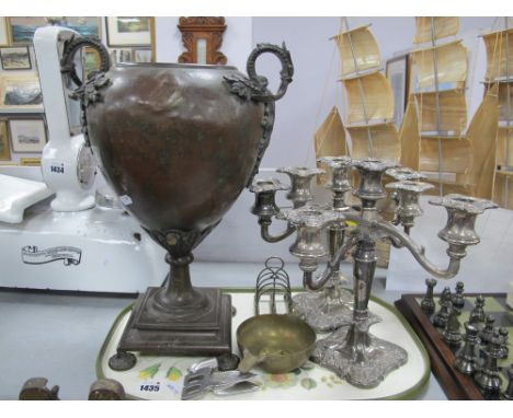 A XIX Century Copper Tea Urn, (lid absent). Pair candelabra, brass ashtray, toast rack, Bentley style car mascot:- One Tray.