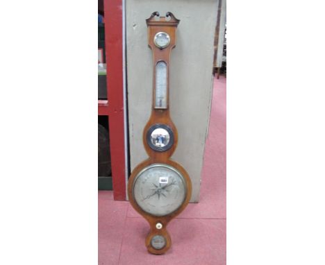 A XIX Century Mahogany Banjo Barometer, with silvered dial, dry damp thermometer, Butlers mirror and spirit level 94cm high.