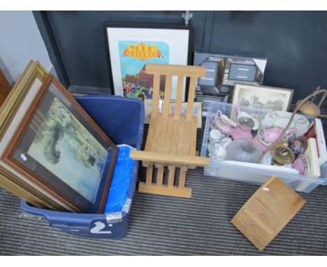 Pictures, drawings, folding rack,  tea ware, hanging oil lamp:- Two Boxes.