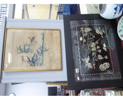 Mother of Pearl Inlaid Ebonized Panel, featuring vine and foliage, 29.5 x 46cm. Japanese painting on silk, birds amongst bamb