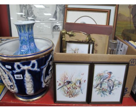 Prints, ceramic plaques, brass lamp, records, decanter, etc:- One Box, jardiniere, vase.