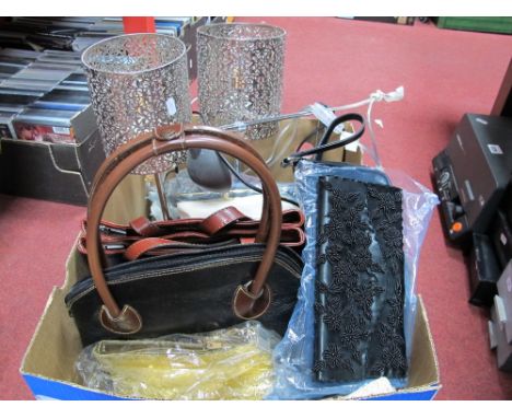 Handbags, evening bags, pair of table lamps, adjustable lamp:- One Box.