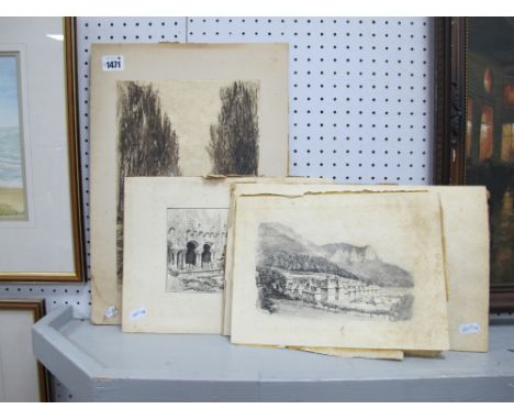 Continental School, Church Driveway, watercolour circa 1900 31 x 20.5cm, Harbour scene, pencil drawing, two others. (4).
