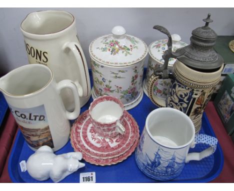 Two Staffordshire 'Pagoda' Lidded Jars, advertising jugs, Spode mug, stein, etc:- One Tray.