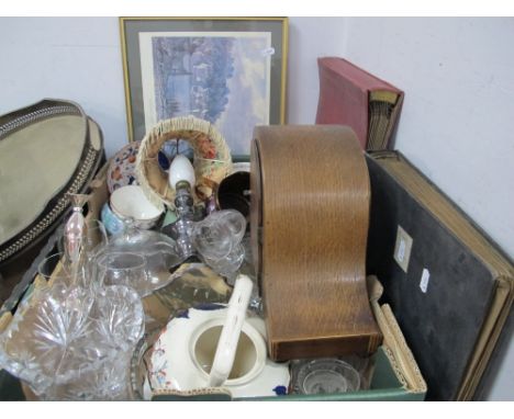 A Plated Candlestick as a Lamp, glassware, ceramics:- One Box, records, print, oak cased clock.