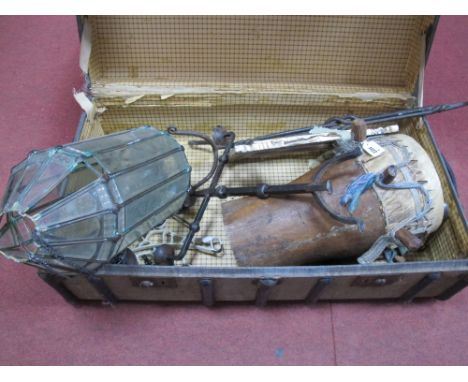 A Vintage 'Drawco' Trunk, with black straps, glass ceiling light, African drum etc, ceiling airier. (damaged).