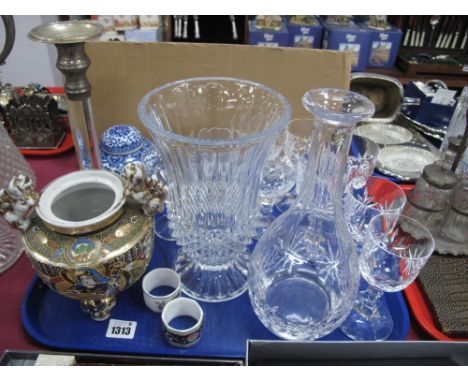 Decanter, glassware, candlestick, ginger jar, Wedgwood napkin rings, etc:- One Tray.