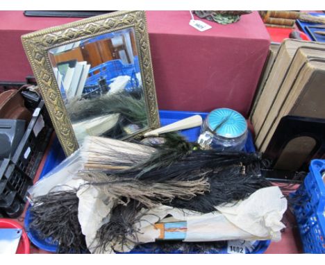 A Brass Framed Freestanding Dressing Mirror, mother of peart button, fans, mascot compact, etc:- One Tray.