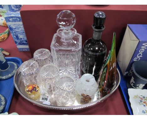 Edinburgh Whisky Decanter, Silvered Amethyst example, drinking glasses, oval tray, etc.