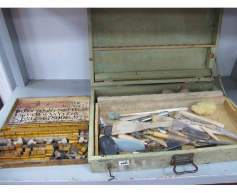 Printing Blocks J.H Todd, Lincoln, together with painted green box with artists, tools, etc (2).