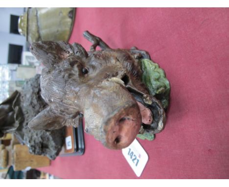 Cold Painted Boars Head Inkwell, with rear pen holder, 16.5cm long 10.5cm high.