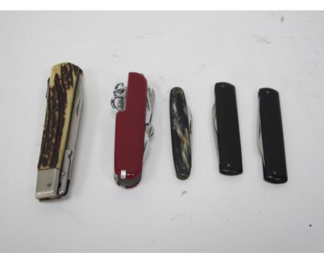 Lock Knife, stag scales, 11cm closed - multi blade/tool knife, three Solingen knives. (5).