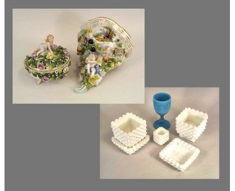 PORCELAIN & GLASS.
A continental porcelain wall bracket, height 24cm, a Schierholz pot pourri box & cover & a collection of o