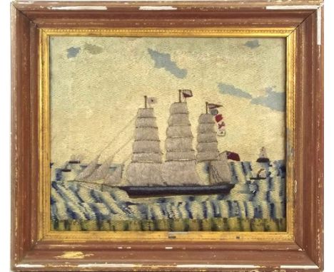 WOOLWORK SHIP PORTRAIT.
A 19th century ship portrait worked in wool & bead work. The ships, tug, lighthouse, flags & pennants