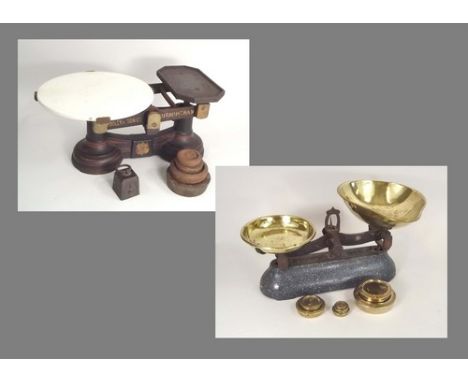 SCALES.
A set of cast iron scales by Pooley & Son & a set of enamelled scales with weights.
PLEASE NOTE:  Our in-house, posta