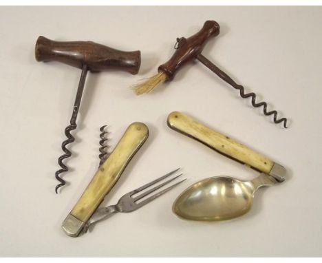 CORK SCREWS ETC.
Two 19th century cork screws, a 19th century folding spoon with bone handle & a matching folding fork with c