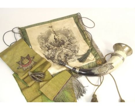 A.O.F. REGALIA.
An Ancient Order of Foresters sash, an A.O.F. metal mounted horn & a Victorian printed silk hanging.