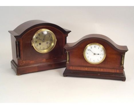 MANTEL CLOCKS.
An early 20th century inlaid mantel clock, with French movement & one other similar mantel clock.